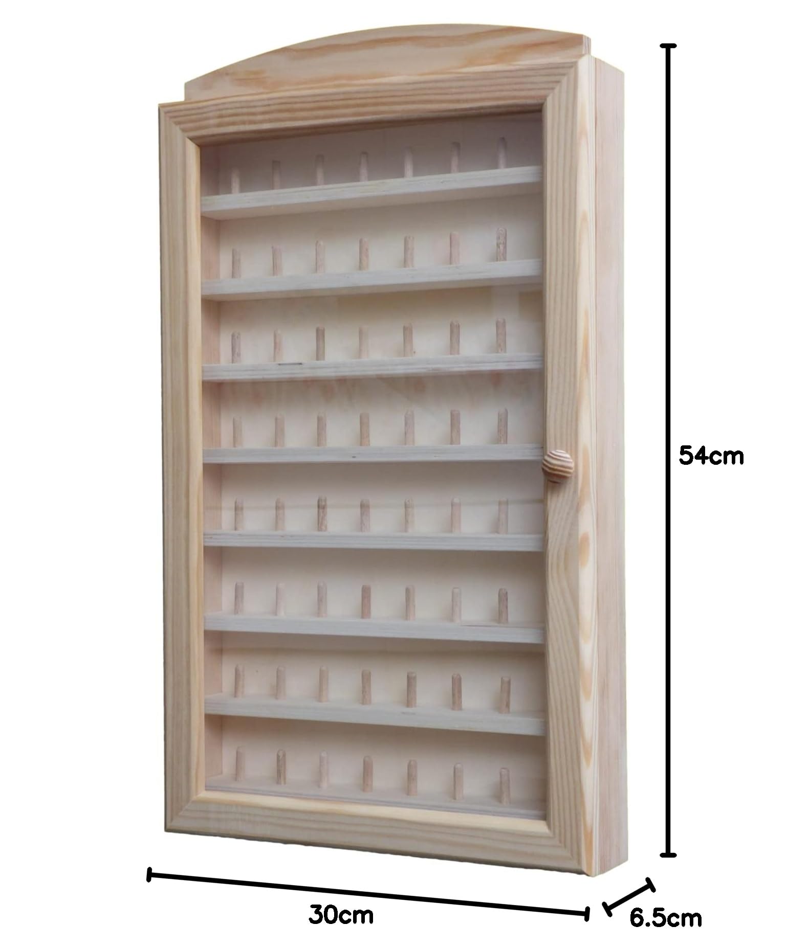 Vitrina Colecciones dedales Grande. para 64 dedales. Medidas (Ancho/Fondo/Alto): 30*6.5*54 cms. Medida Interior de Las baldas: Ancho: 28 cms, Fondo: 3 cms, Alto: 4,5 cms..
