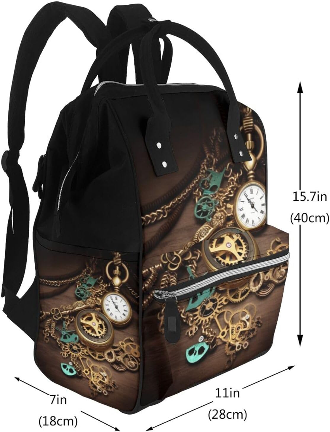 Steampunk Watches Keys and Chains Diaper Bag Backpack for Women Multifunction Waterproof Mummy Backpacks for Mom Dad, Large Capacity Nappy Bag with Changing Pad Casual Daypack Travel Bags