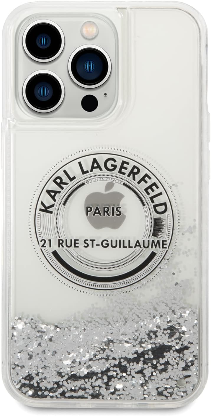 CG MOBILE Karl Lagerfeld Liquid Glitter Case Silicone Round RSG Logo Protector/Ultra-Thin/Slim/Non-Yellowing/Non-Slipping/Shock-Absorption/Anti-Scratch Compatible With iPhone (Silver)