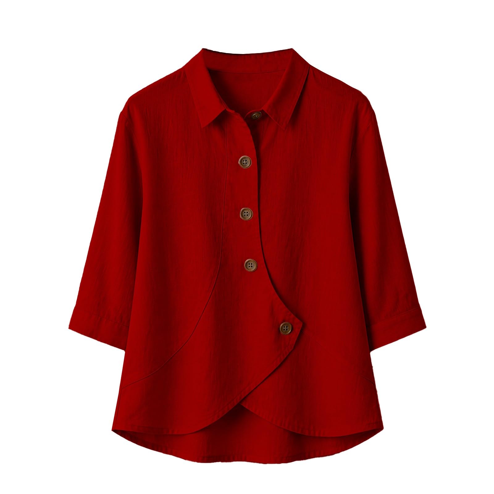 Chemisier à manches 3/4 pour femme, aspect lin, boutonnière asymétrique