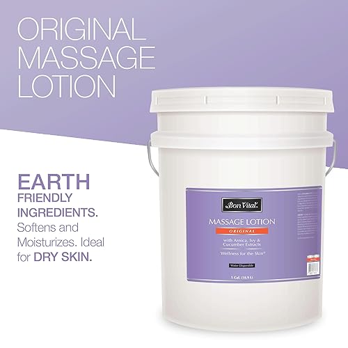 Vista 3 de Bon Vital Loción de masaje original, cubo de 5 galones, fórmula ligera y no grasa para terapia de masaje, hidrata y nutre la piel seca, ideal