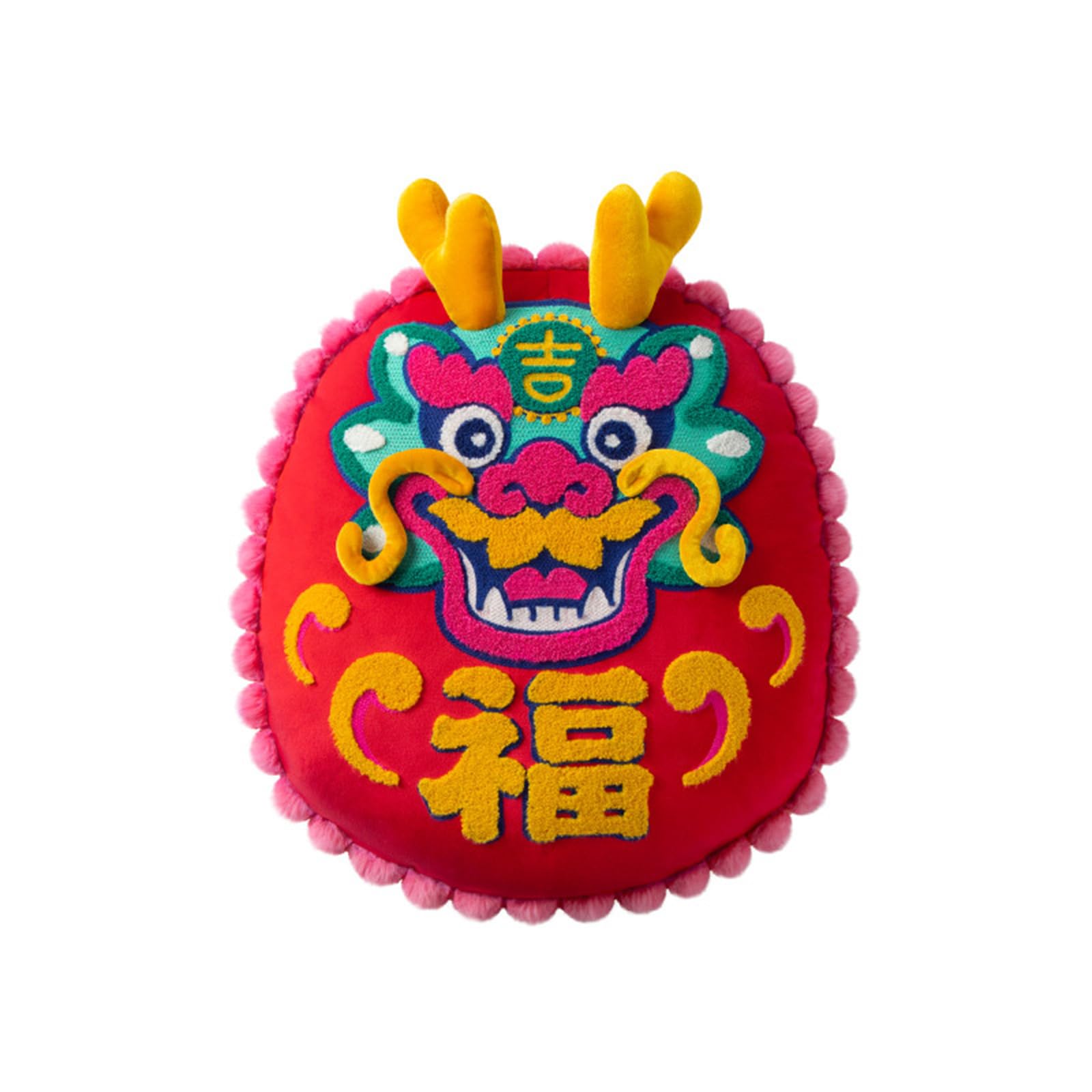 Bonlting Good Fortune Pillow New Year Red Round Throw Pillow Dragon New Year Embroidery Cushion Decoration for Traveling, Car, Home, Office