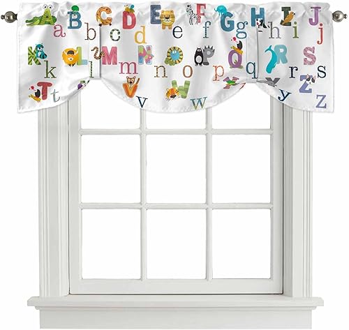 Cortinas opacas con diseño del alfabeto de animales lindos para niños, cenefa de amarre para ventanas de cocina, decoración de ventana con estampado