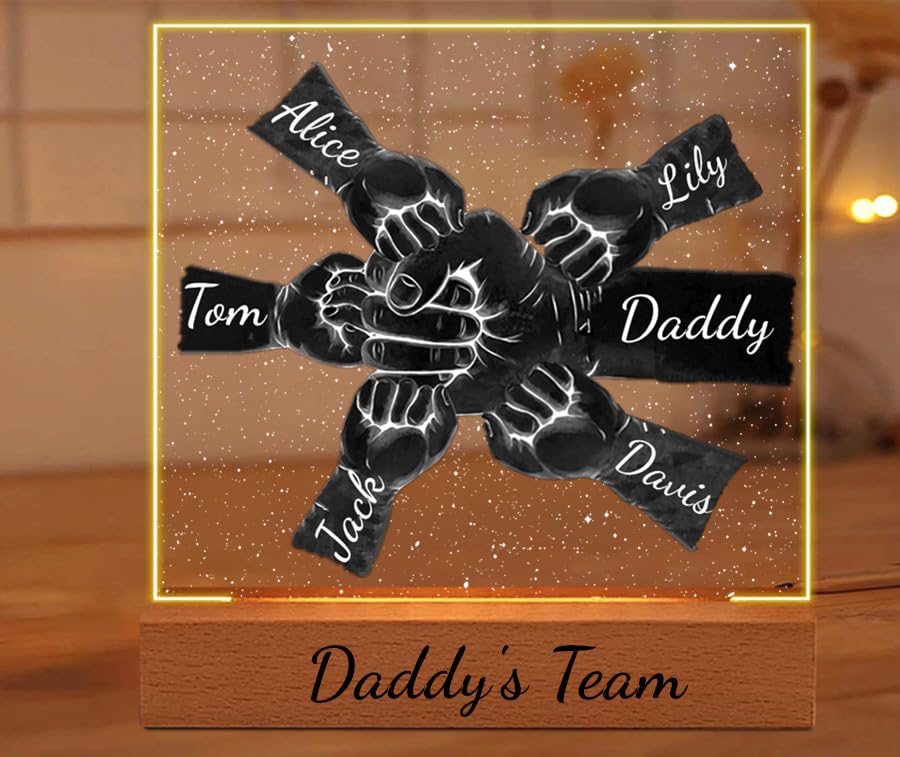 Ozinna Daddy's Team Fist Bump Personalised Lamp, Personalised LED Lamp with Kids Names for Father's Day, Christmas and Birthday Gifts for Dad, Dad, Grandad