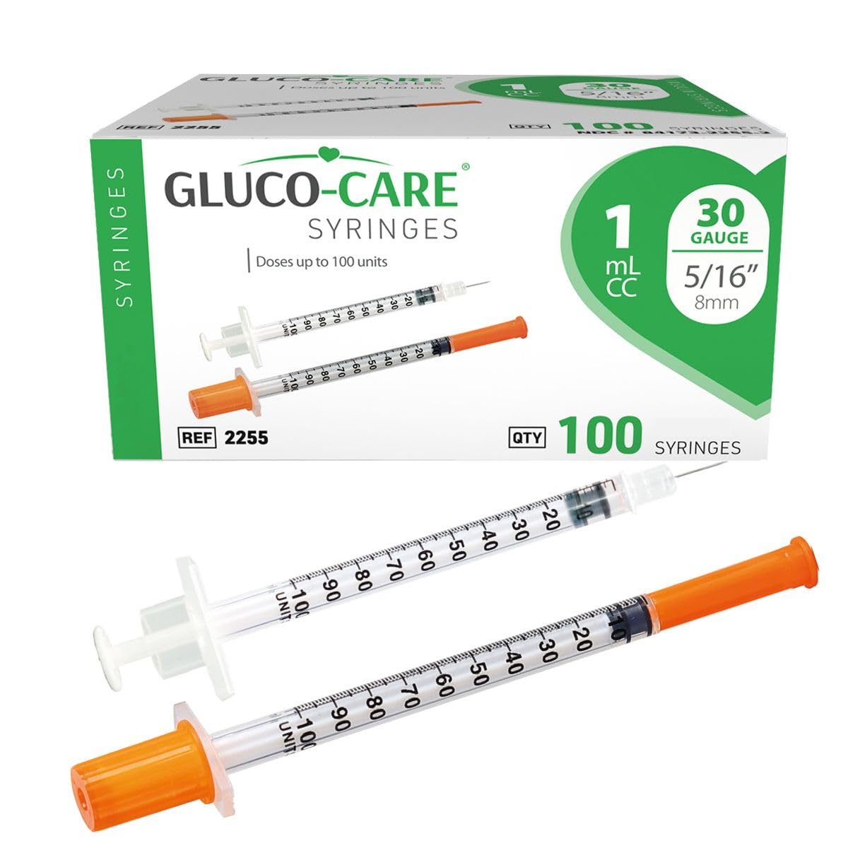 GLUCO-CARE 1 ml/cc Syringes 30G x 5/16’’ (8mm), Orange Cap, 100/box