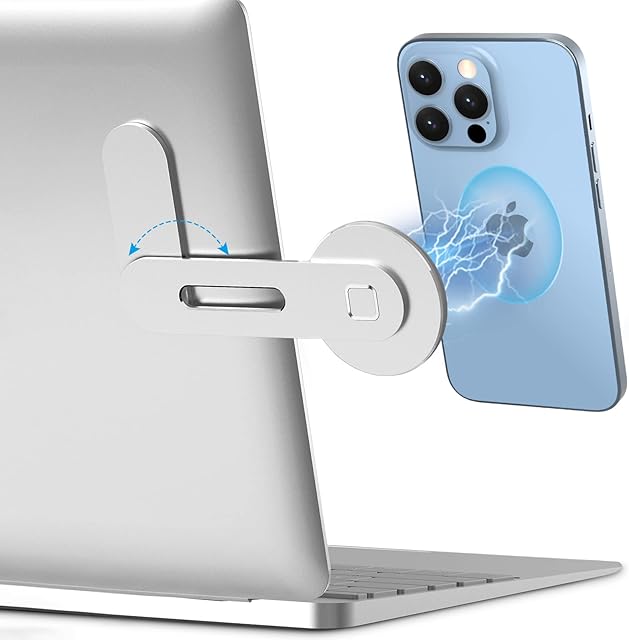 imluckies Magnetic Laptop Phone Holder, Adjustable Computer Monitor Side Mount Clip Compatible with iPhone 14/13/ 12 Series & MagSafe Case & All Phones, Portable Foldable Computer Bracket, Silver