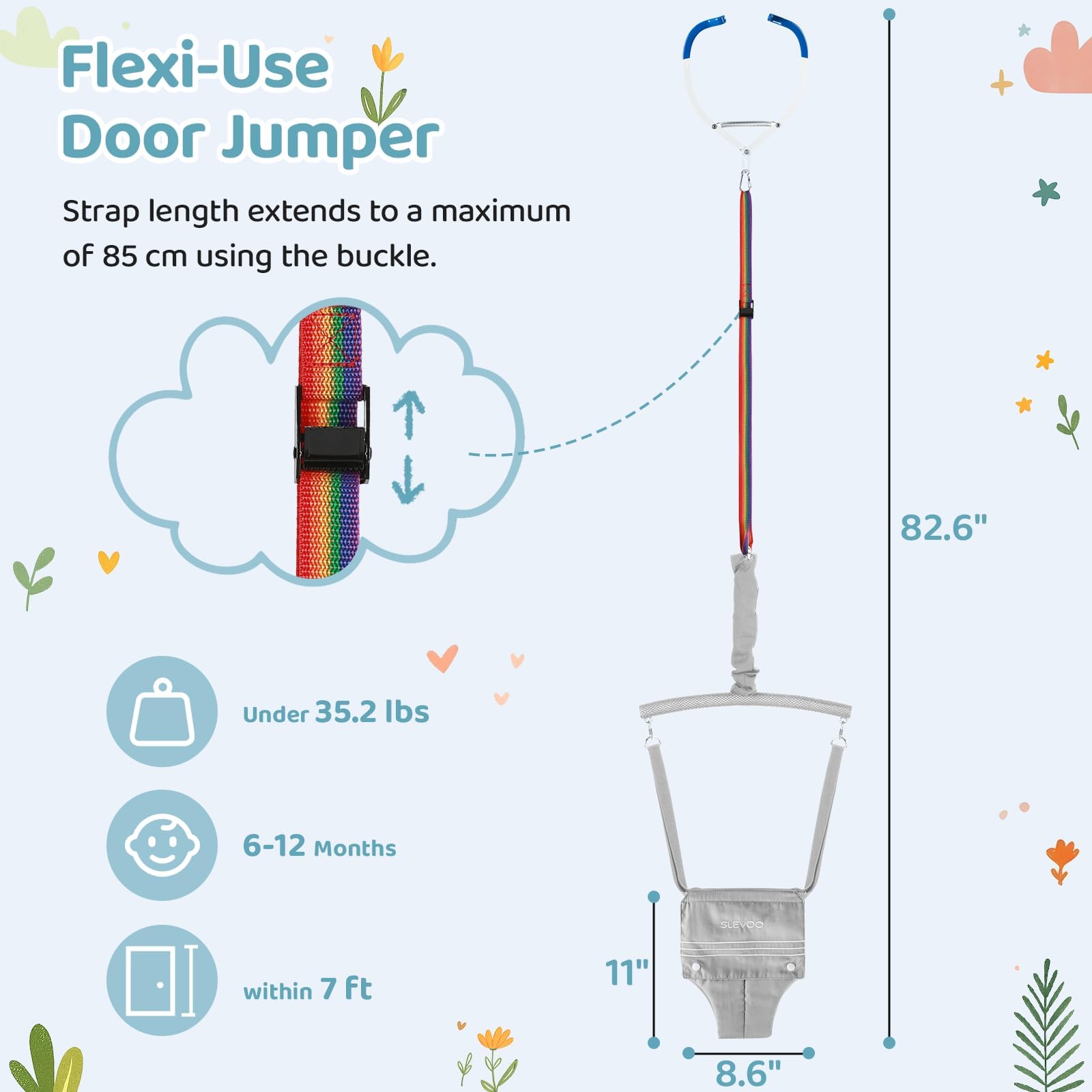 Slevoo Baby Jumper, BabyTürhopser für Babys von 6–24 Monaten, Baby-Türwippe mit einfach zu verwendender Klemme und verstellbarem Gurt, Tragfähigkeit 18 kg(Grau)