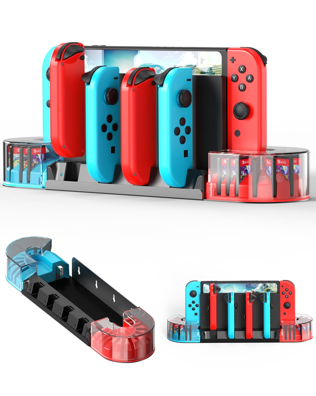 KUNSLUCK Switch Wall Mount with Joy-Con Charger, Wall Mount Switch Charging Dock Station with 20 Game Card Storage and 6 Charger for Joy-Con (Black)