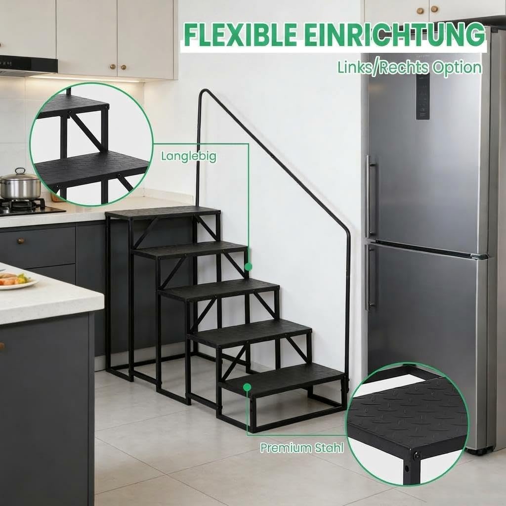 GarveeTech Sichere Wohnmobil-Treppe – rutschfest, 300 kg Tragkraft, robuster Stahl – Breite Stufen, tragbar für Wohnwagen, Bad, Pool, Haustiere – Gelb/Schwarz – 5-stufig mit Einhand-Handlauf, Tape