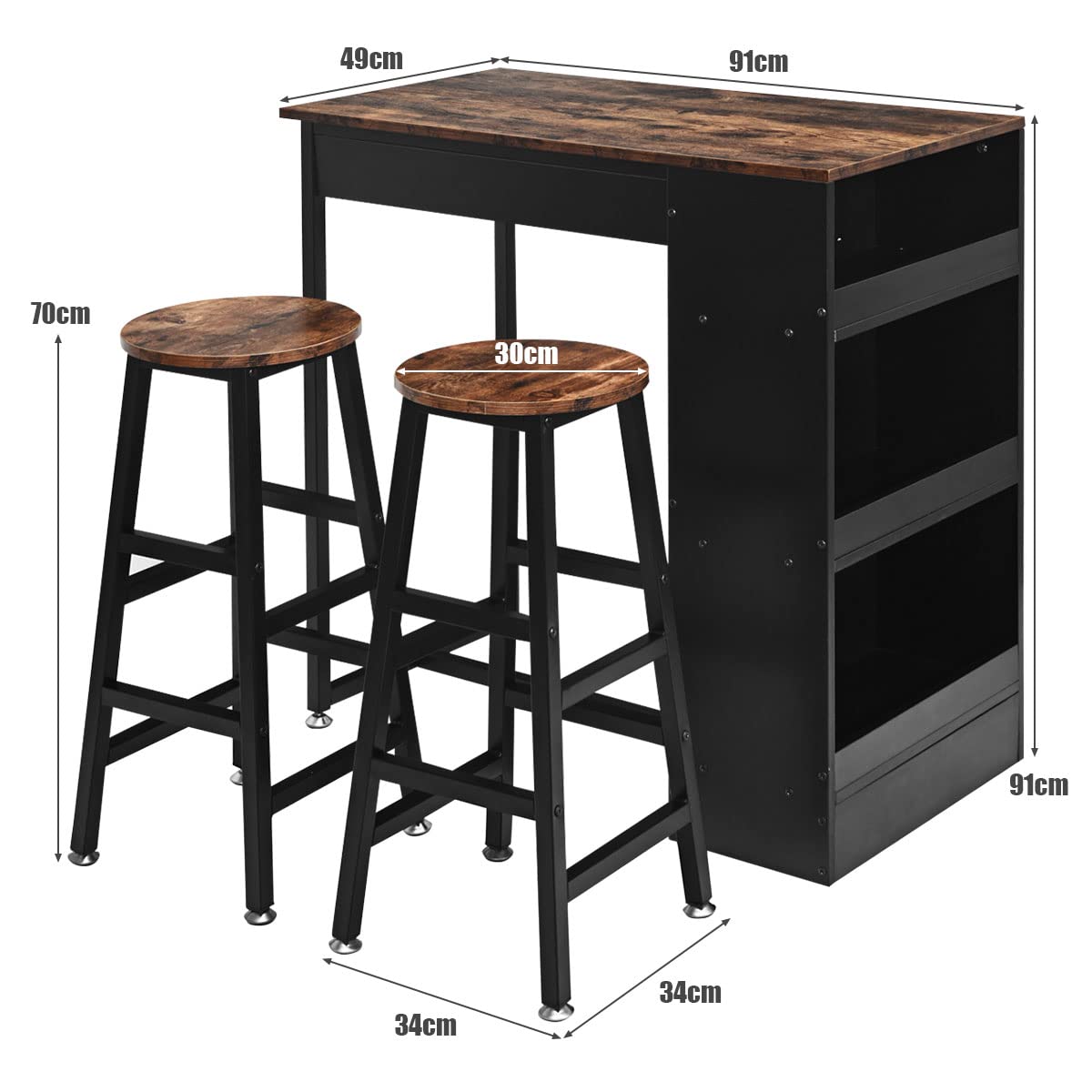 GIANTEX Ensemble de table et 2 tabourets, ensemble de meubles de bar, 3 pièces, salle à manger, style industriel, table avec 3 étagères de rangement, tabouret avec repose-pieds de différentes