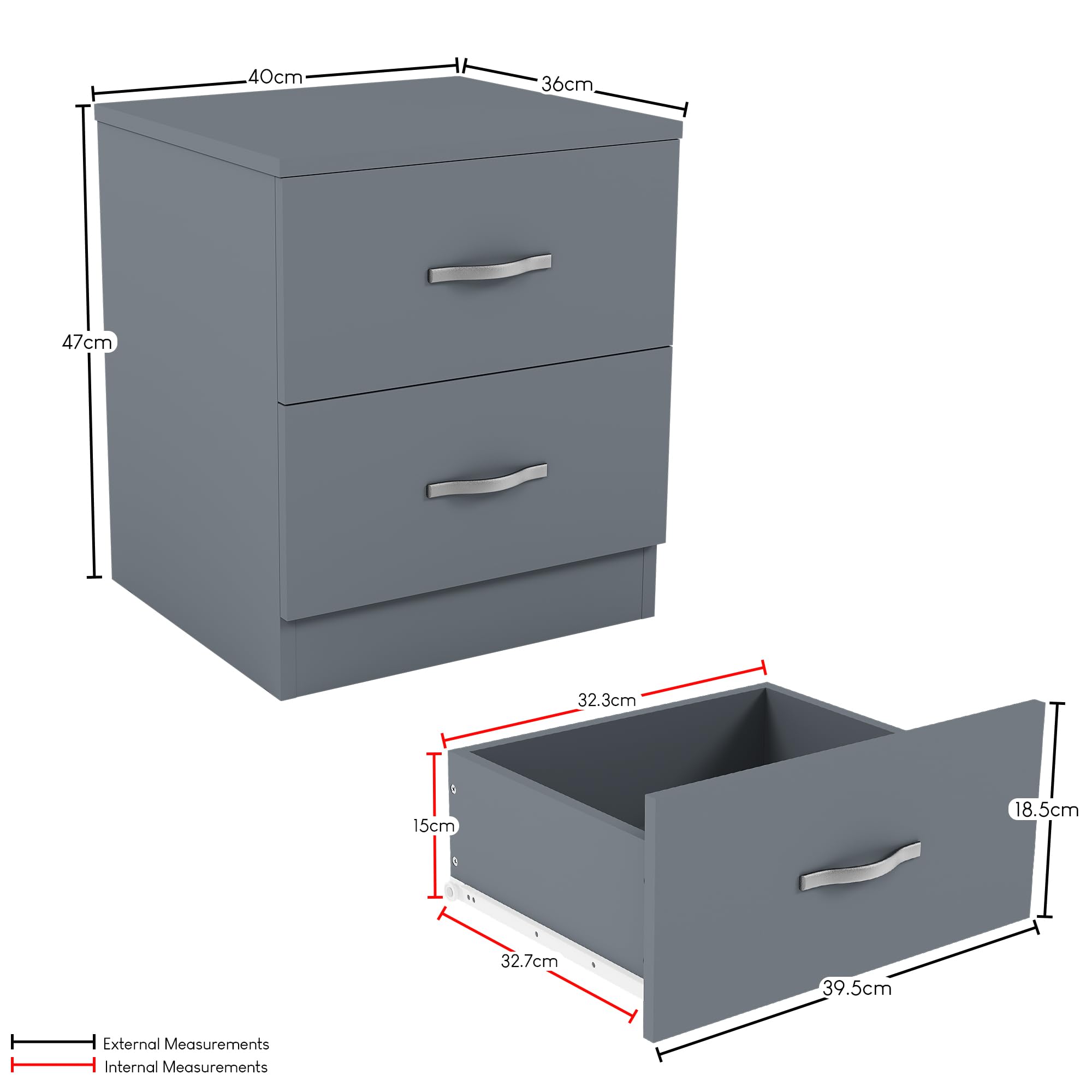 Vida Designs Nachttischkommode, Grau, H 47 x W 40 x D 36 cm Aprox