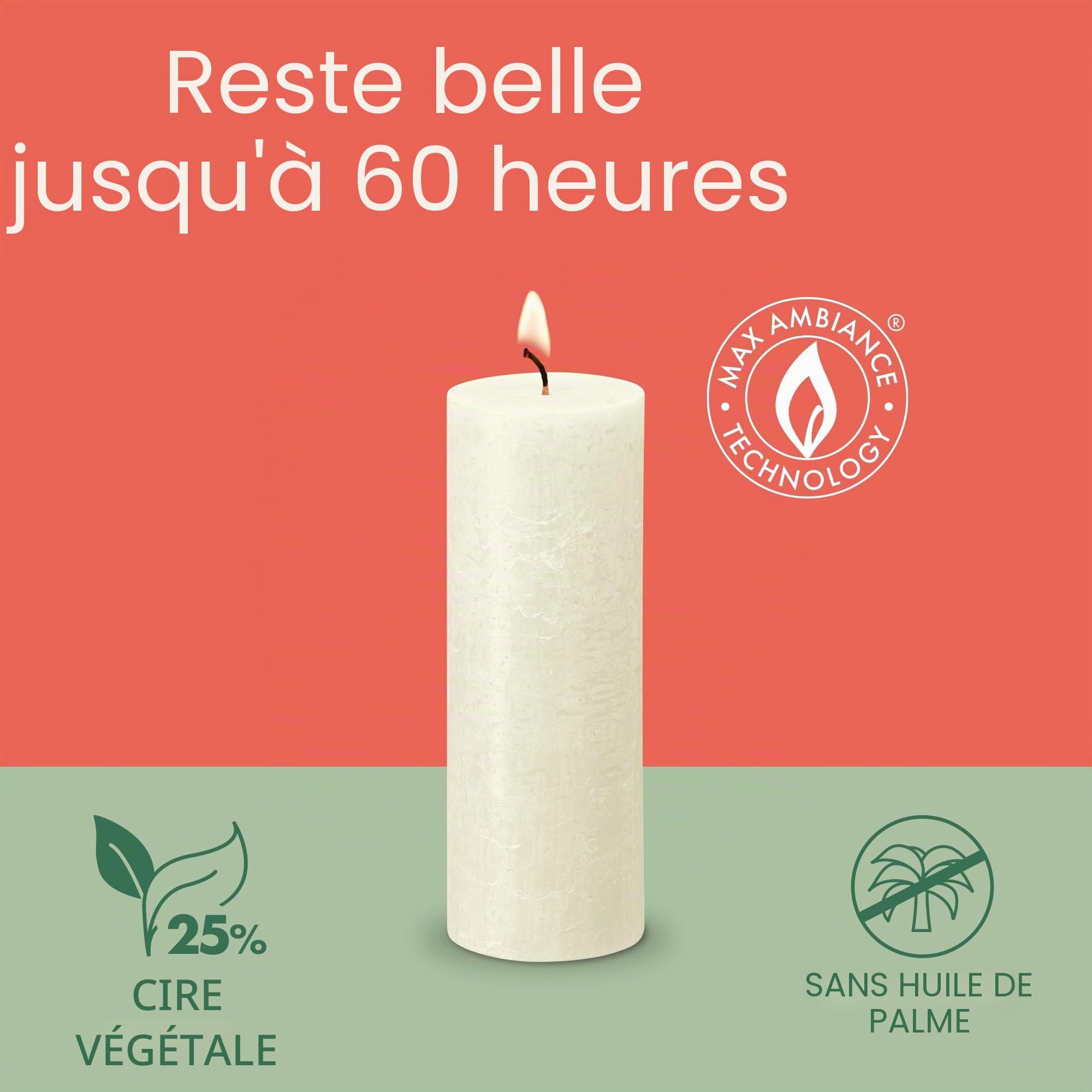 Bolsius Bougie pilier rustique Ivoire Lot de 4 60 heures Cire naturelle végétalienne
