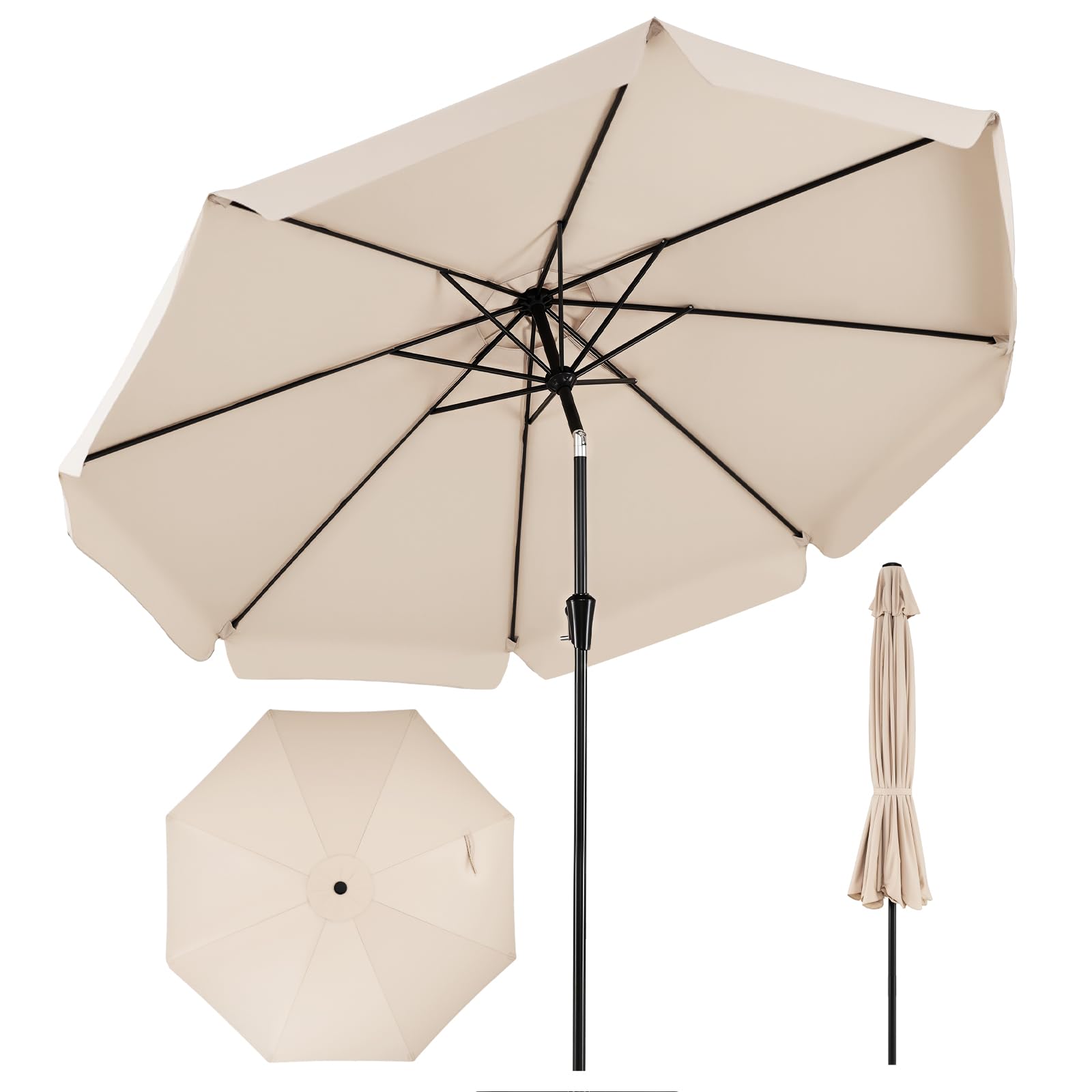 COSTWAY Sonnenschirm 300 cm, Gartenschirm mit Volant & Kurbel, beidseitig um 30° knickbar, Balkonschirm, Terrassenschirm, UV-Schutz, Marktschirm für Garten, Balkon, Terrasse (Beige)