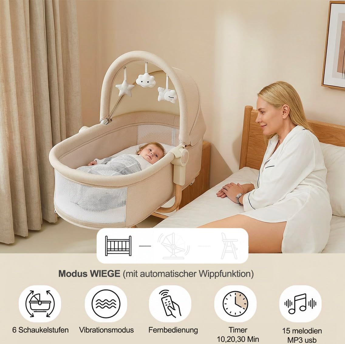 bebe2luxe Louna : Multifunktionale Wiege Baby (ELEKTRISCHE BABYSCHAUKEL, HOCHSTUHL,BABYWIPPE) (Gray)