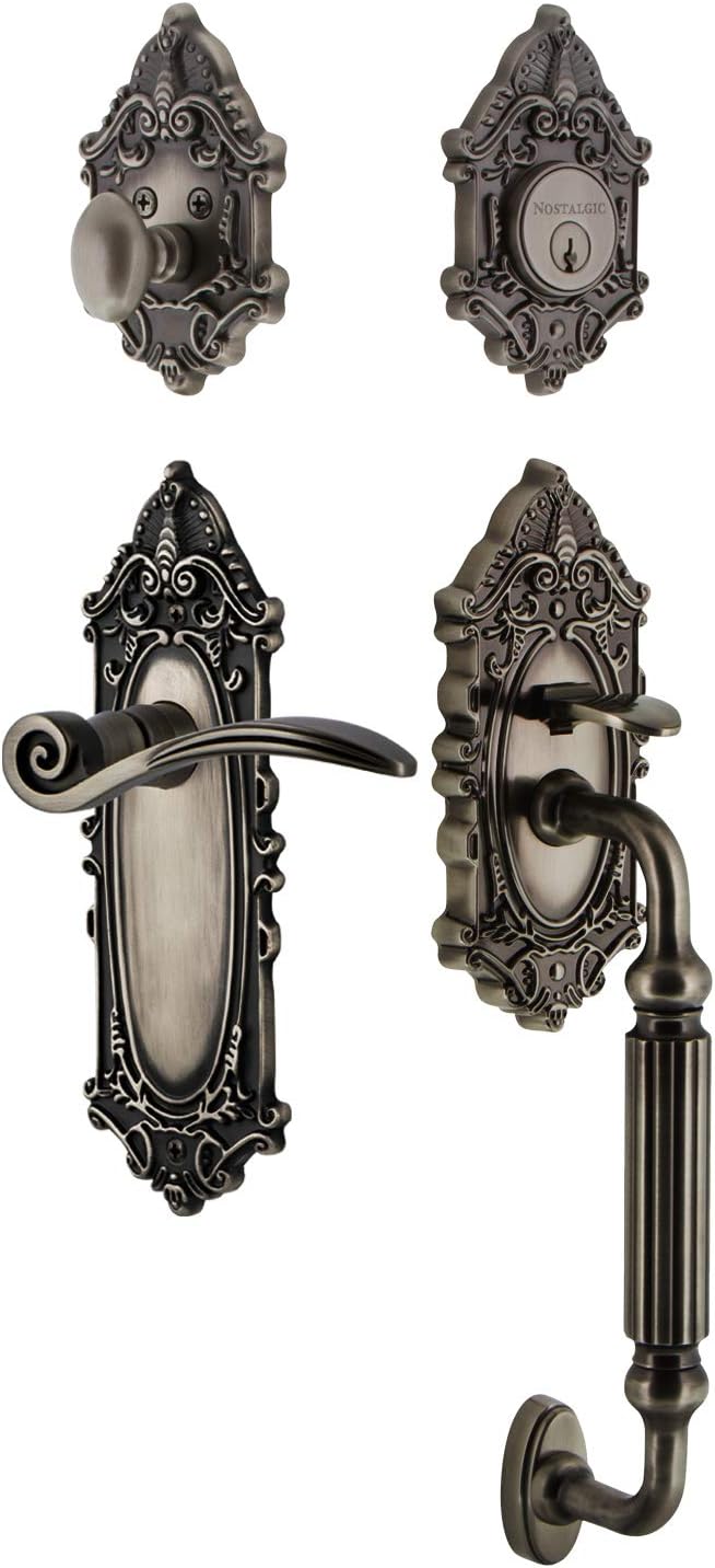 Nostalgic Warehouse Victorian Plate F Grip Entry Set Swan Lever in Polished Brass