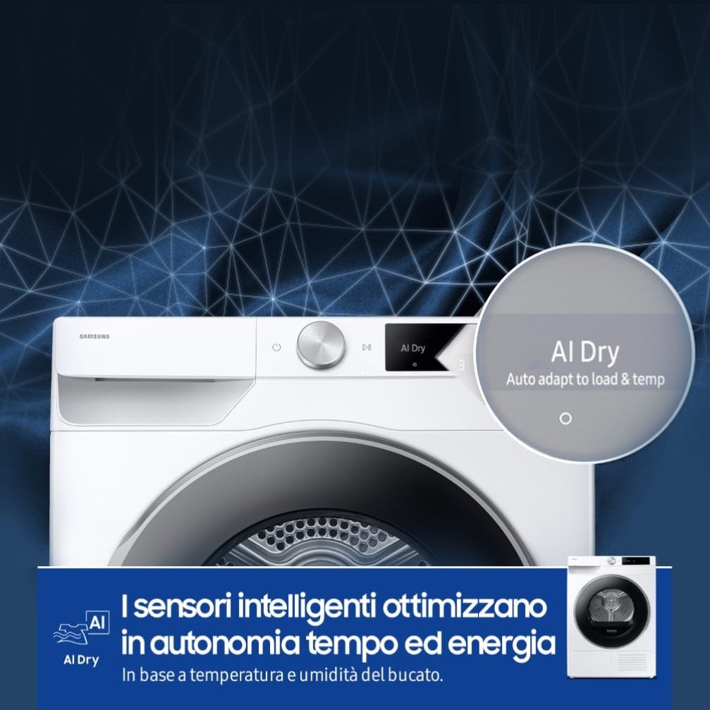 Samsung Asciugatrice AI Control DV90DG6845LE/U3, 9 kg, Pompa di Calore, Wifi, AI Dry+, Air Wash, Tecnologia Optimal Dry, Carica Frontale, 60L x 85H x 60P cm