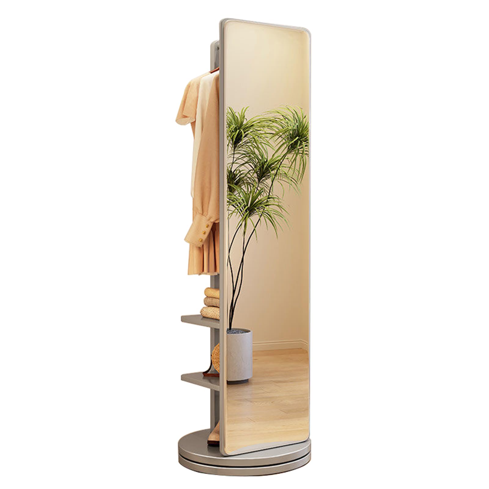 Wood Full Length Mirror with Coat Rack, Freestanding Floor Mirror with 360° Rotating Base and Hooks, Full Body Mirrors for Living Room Bedroom Apartment (Grey)