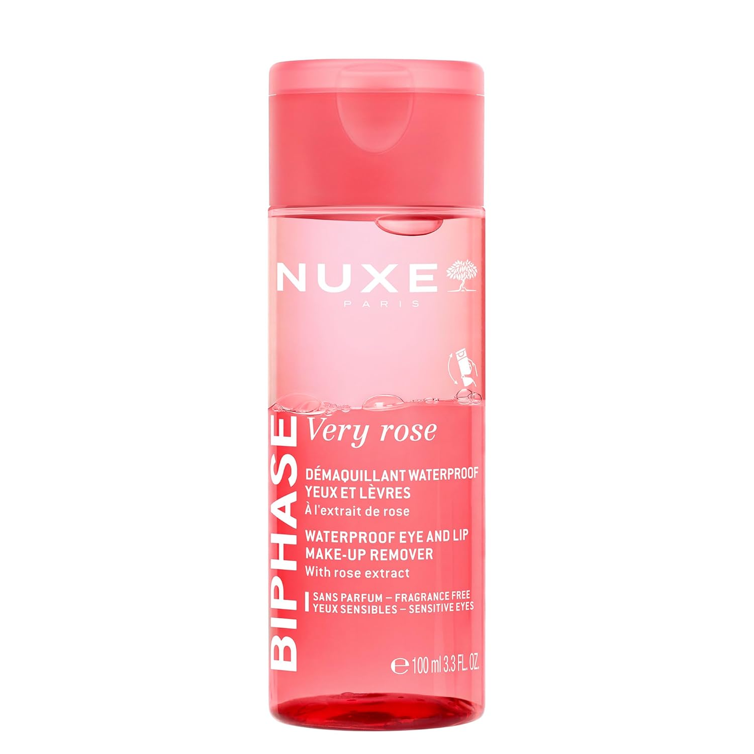 Nuxe Waterproof Makeup Remover With Rose Extract. Gentle Eye & Lip Makeup Remover for Sensitive Skin, Non-Greasy Bi-Phase Cleanser, 3.3 Fl Oz