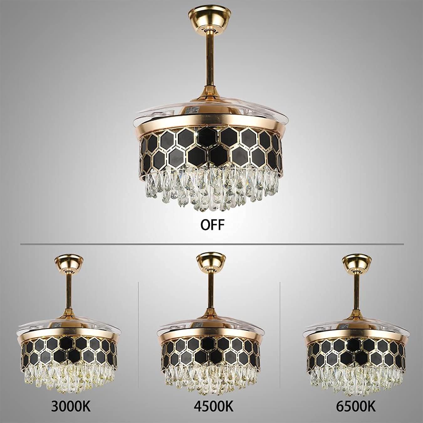 Fandelier Crystal Ceiling Fan Lights with Remote, Modern 42 Hidden Retractable Chandelier with 3 Colors 3 Speed Fan Chandelier Lighting for Bedroom Dining Living Room (Gold+Black)(DS-FH03)