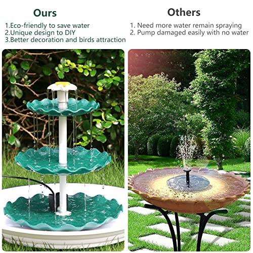 AISITIN DIY Brunnen,Vogeltränke Sets mit 3,5W Solar Springbrunnen, 3 Stufige Vogelfütterer für Draußen,Vogelbad und DIY Solarbrunnen Abnehmbar und Geeignet für Garten,Wasserspiel(Dunkelgrün)