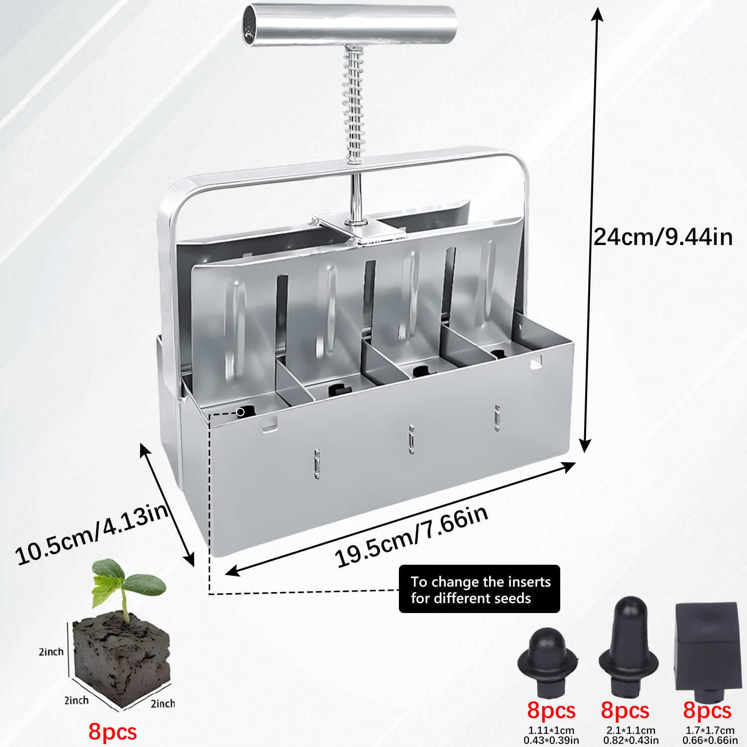 8-Cell Manual Presse Motte pour semis, Blocs de Terre manuels 5x5cm, avec germoir et Gants pour Le repiquage des graines en Serre