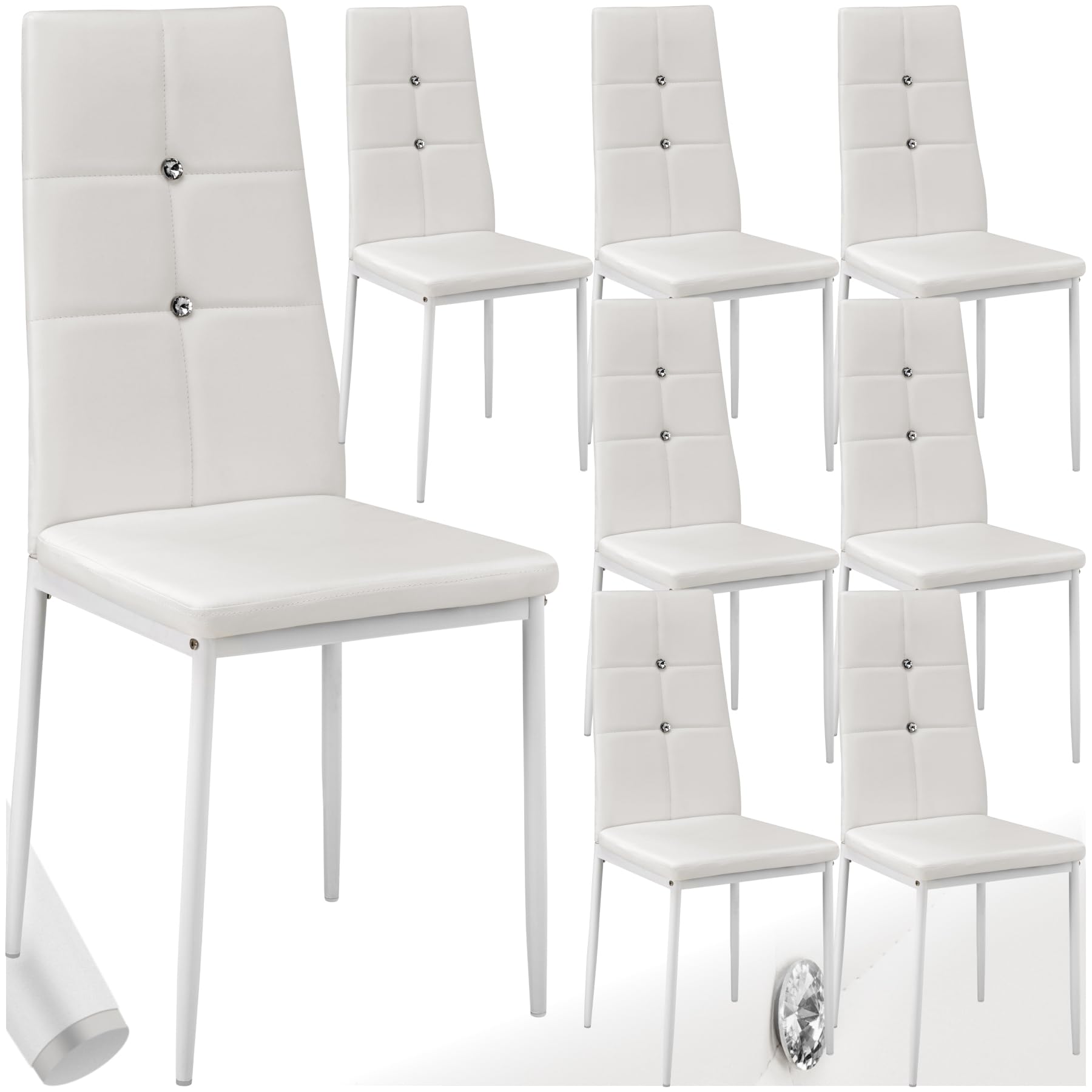 tectake® Set of 8 Dining Chairs with Faux Leather Covers & Rhinestones, Dining Chair Set with High Backrests, Slim Steel Legs & Soft Padding, Ideal as Desk & Kitchen Chairs - White