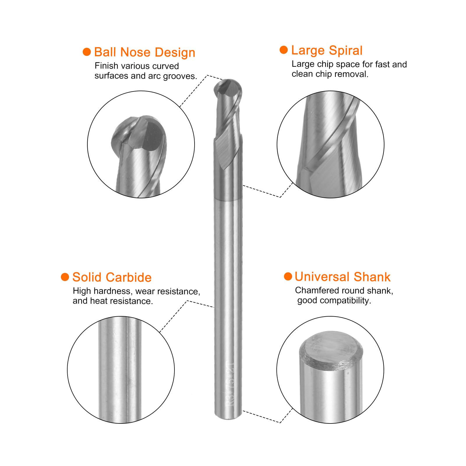 QUARKZMAN 2Pcs Fraises à Bout Sphérique pour Fraiseuse Cnc, Rayon de 3 mm (1/8") en Carbure Solide Revêtu d'Altin, 2 Flûtes Hrc45, Diamètre de 6 mm (1/4"), Queue de 6 mm (1/4")