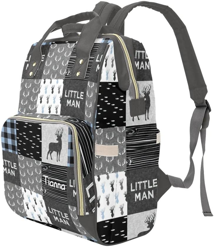 XOZOTY Antler Gray Woodland Plaid Diaper Bags with Name Waterproof Mummy Backpack Nappy Nursing Baby Bags Gifts Tote Bag for Women