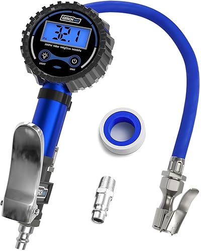 Inflador de neumáticos digital con manómetro de presión y manguera de 23.6in más larga, portabrocas de aire con calibre preciso para compresores de