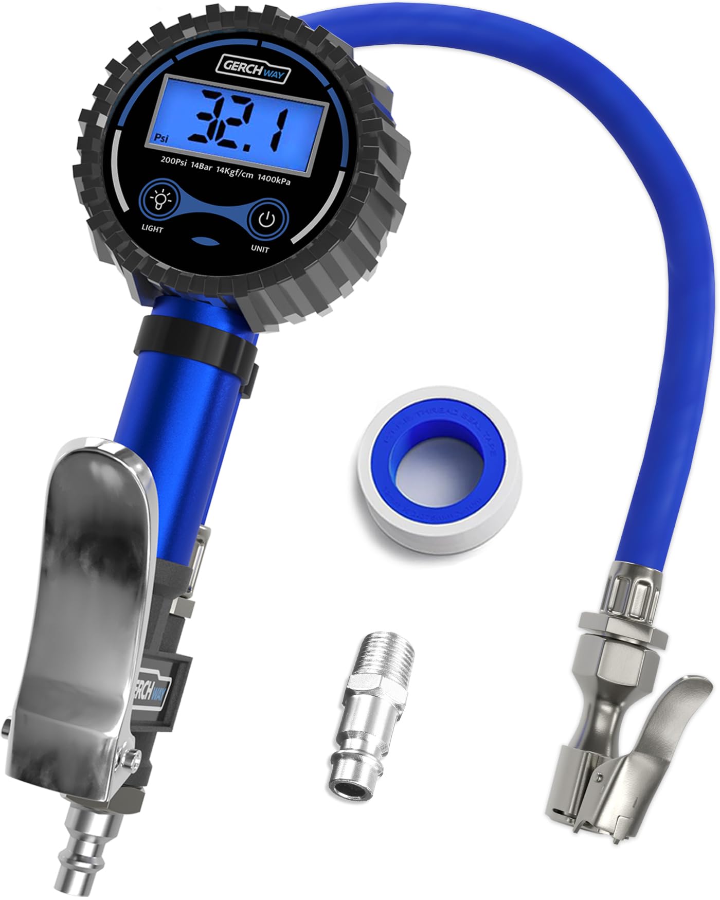 Digital Tire Pressure Gauge with Inflator - 200PSI Air Chuck with Pressure Gauge and Air Compressor Accessories, Longer Hose & Improved Leaks Protection