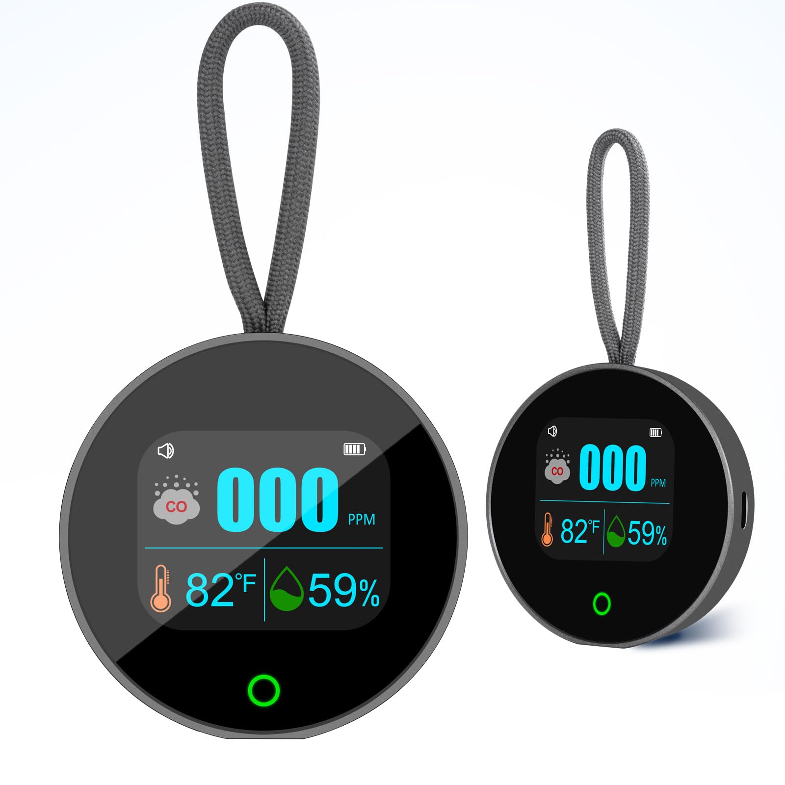 Detector de monóxido de carbono portátil 3 en 1 medidor de CO recargable para temperatura de viaje, humedad y sensor de CO, alarma magnética trasera y suspensión para exteriores, monitor de calidad de
