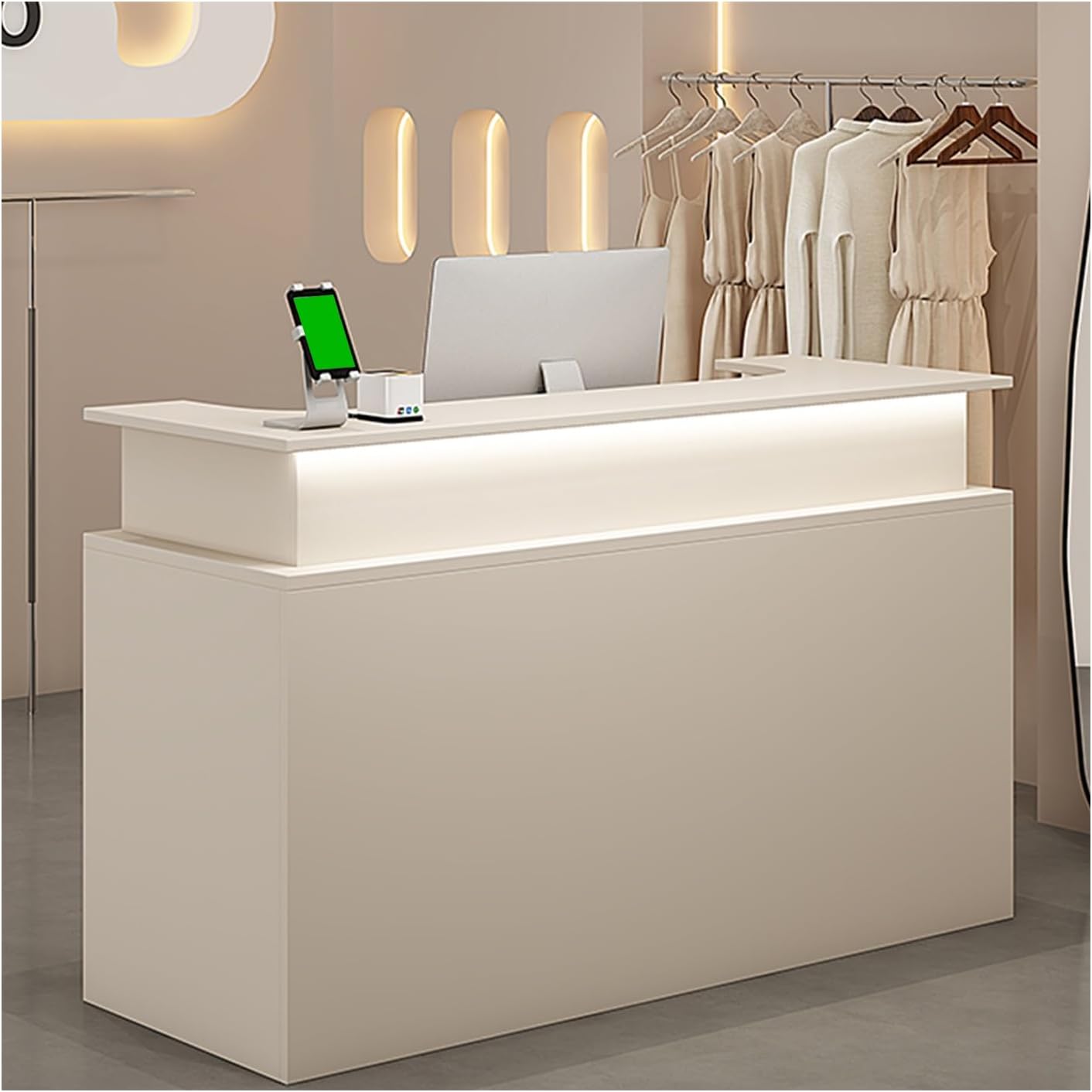 Reception Desk,Modern Checkout Counter with LED Light,Front Desk with Lockable Drawer & Private Counter,for Checkout, Lobby, Beauty Salon and Office,Reception Counter(A,100CM/39.4IN)