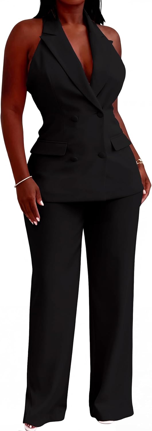 Women 2 Piece Suit Set Sleeveless Casual Business Pants Suiting Two Piece Outfit Professional Office Work Pantsuits Set