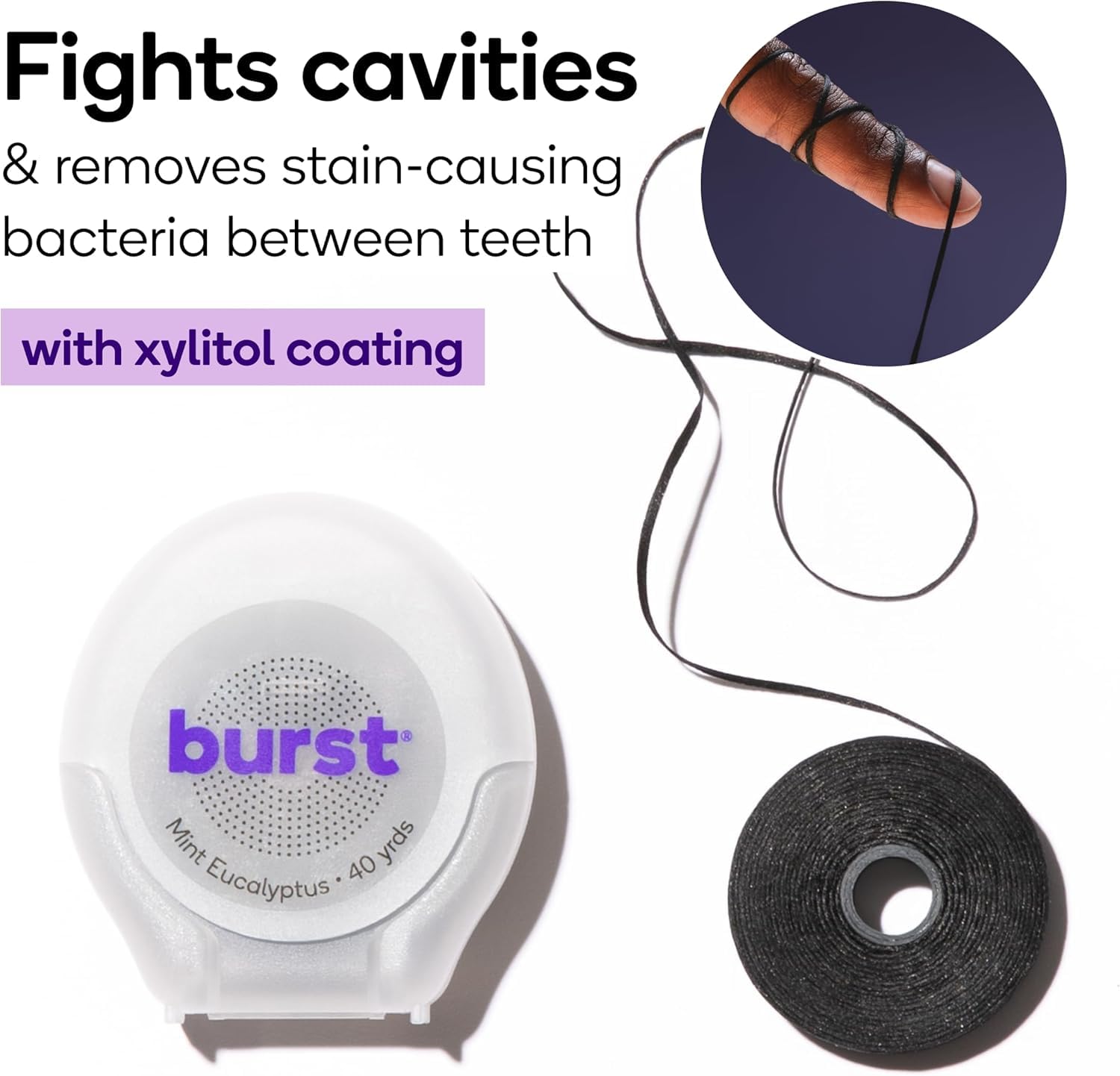 Burst Expanding Dental Floss (Mint Eucalyptus/80 Yards) | Stain Absorbing & Woven Tooth Floss with Xylitol Coating to Fight Cavities | Vegan | Paraben Free Expanding Floss