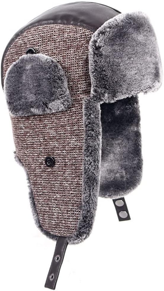 Bomber Hats Winter Men Warm Russian Hat with Ear Flap Knitted Pu Leather Cap Earflap Ski Snow