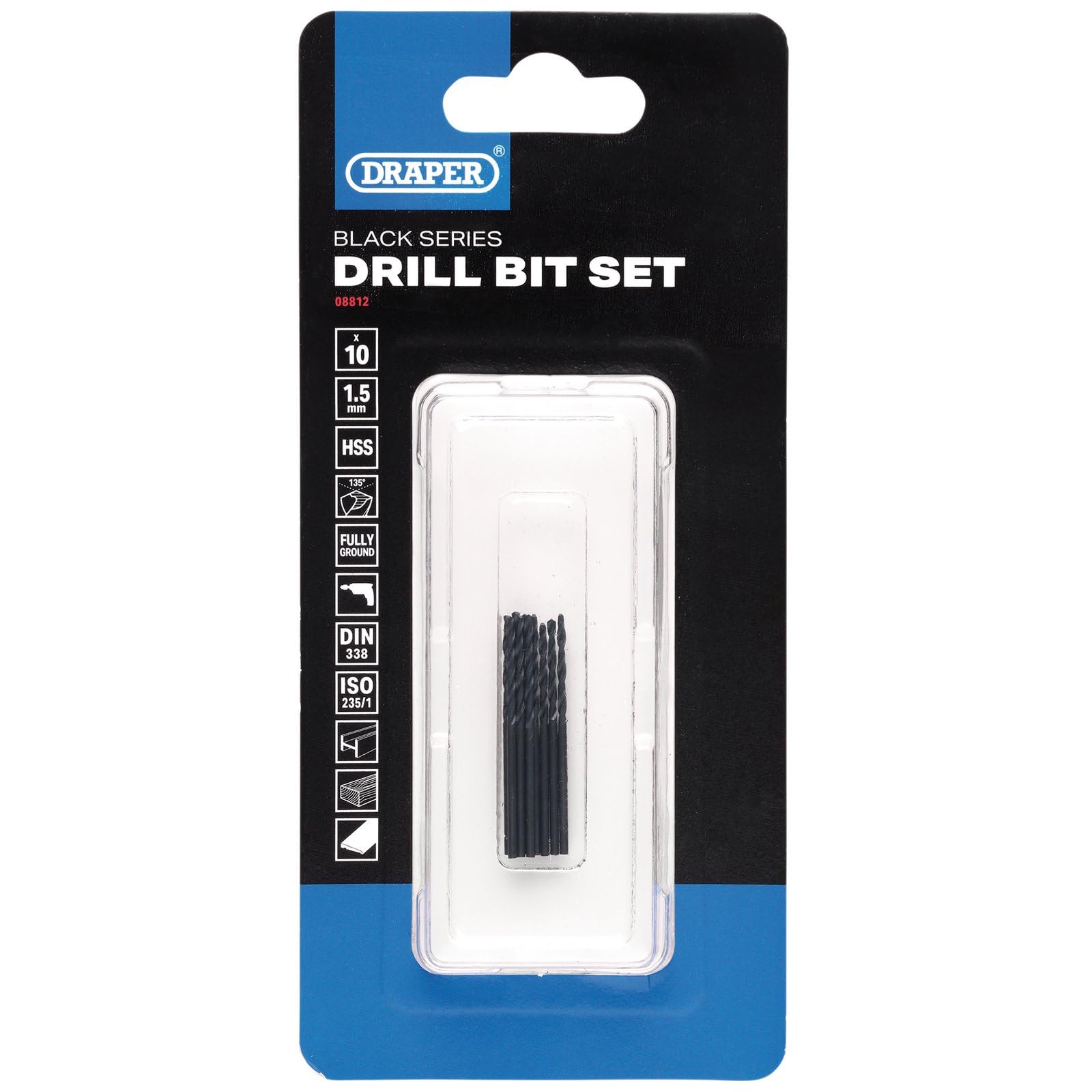 Draper 10pcs Black HSS Drill Bit, 1.5mm x 43mm - 08812 - for Metal Wood and Plastic, 1.5 x 43mm - Image 2