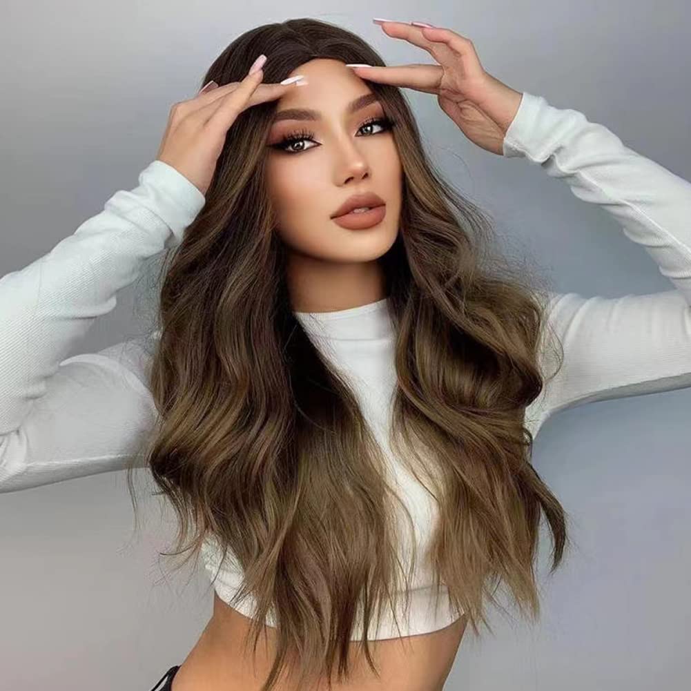 Muzinuo Long Synthetic Wig with Middle Part Ombre Brown Blonde Highlight Body Wave Wigs Heat Resistant Fiber Hair Replacement Wig for Women 150% Desnity
