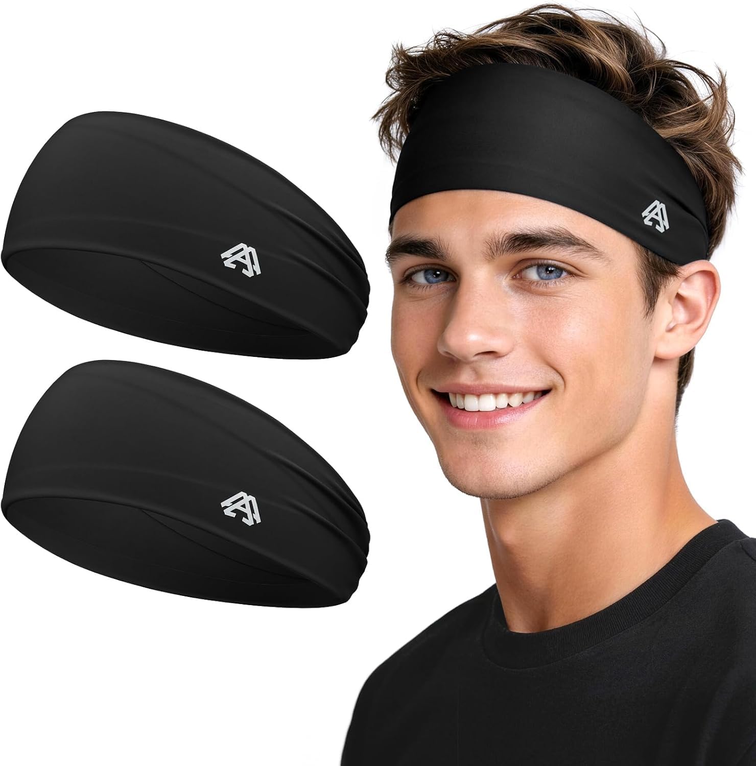 AWUMBUK Diadema Deportiva para Hombre y Mujer, Color Negro, Elástica y Transpirable, Resistente al Sudor, para Fitness, Correr, Ciclismo y Yoga, 2 Unidades