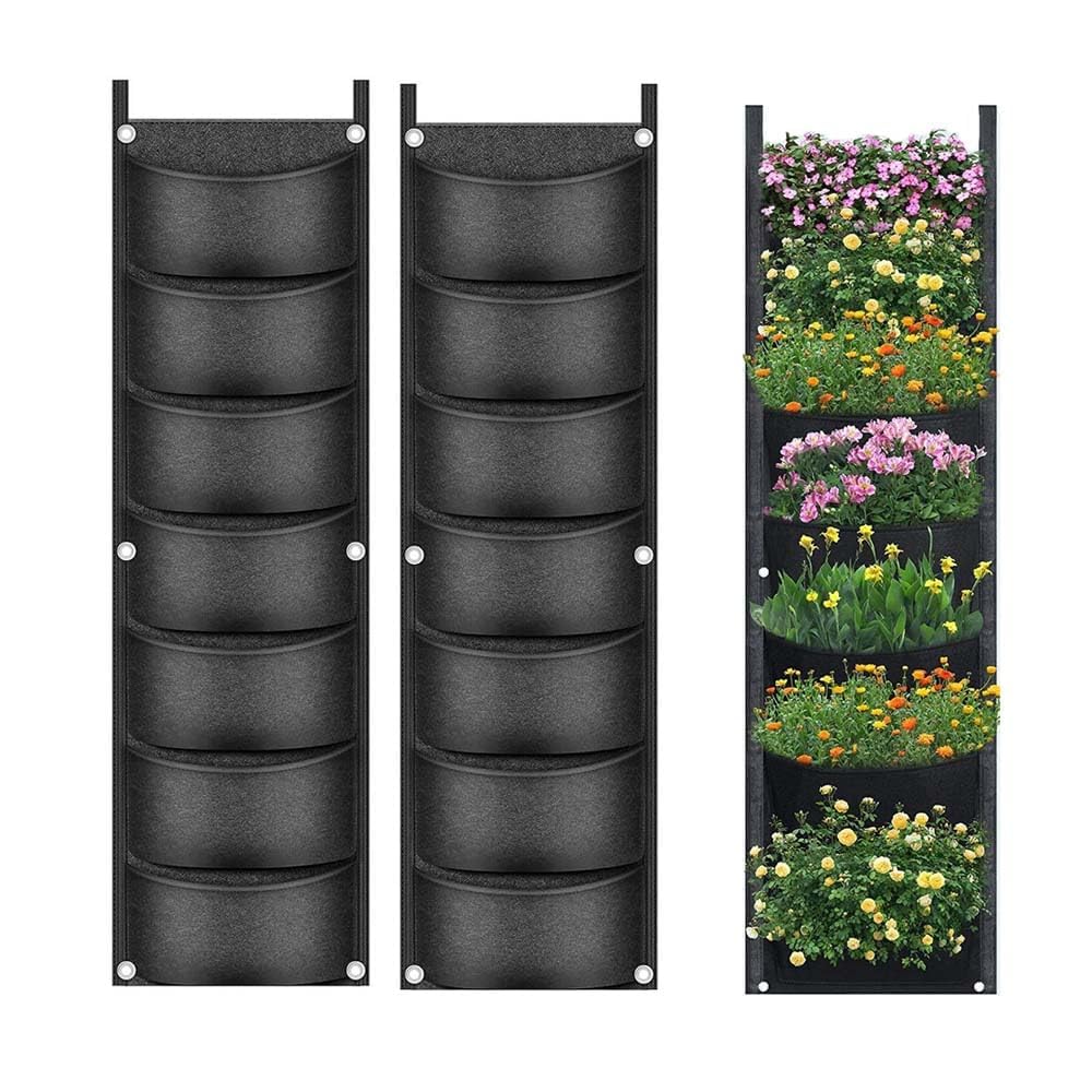 2 Pack Wall Planting Bags, 7 Pocket Wall Hanging Vertical Planter Planting Grow Bags, Garden Wall Planter for Yard Garden Home Decoration(Black)