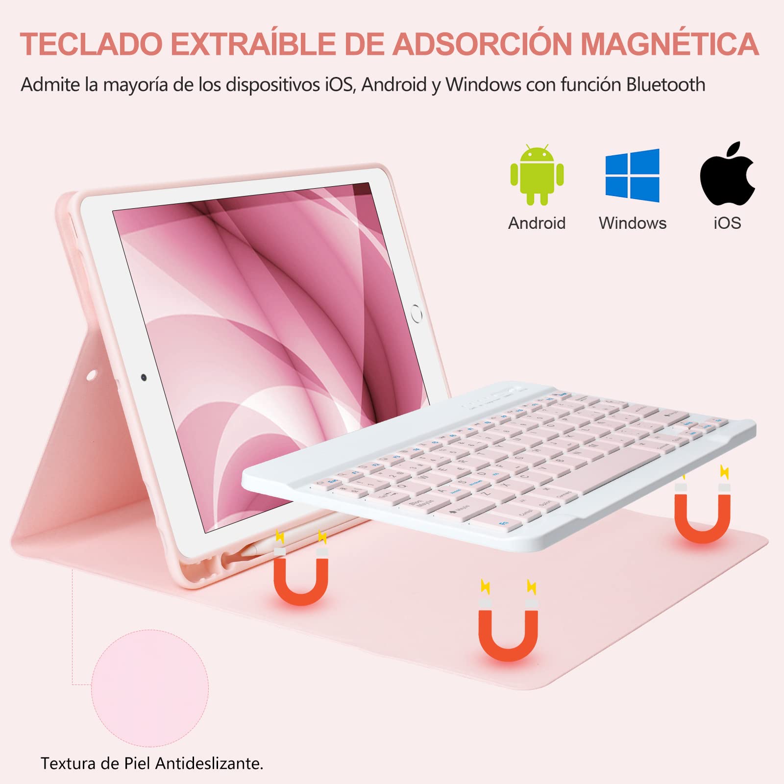 CC Store Teclado iPad 9 Generacion, Teclado Magnético Bluetooth con Ranura para Bolígrafo, Español Ñ Diseño QWERTY, para iPad 10.2" 9ª/8ª/7ª Gen, iPad Pro 10.5" 2017, iPad Air 3 2019, Rosa