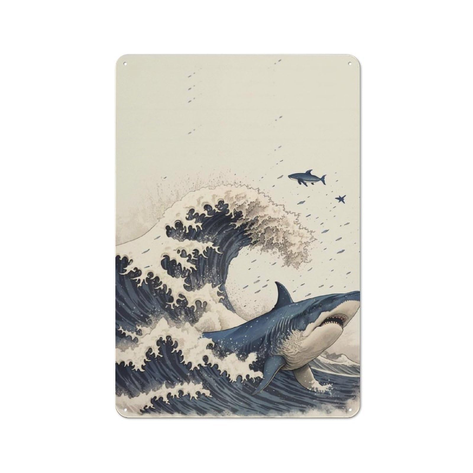 Junmoney Shark In Japan Great Wave Cottage Style Metal Wall Decor 30X20cm, Farmhouse Metal Sign For Dining Room, Cafe, Entryway Or Family Room