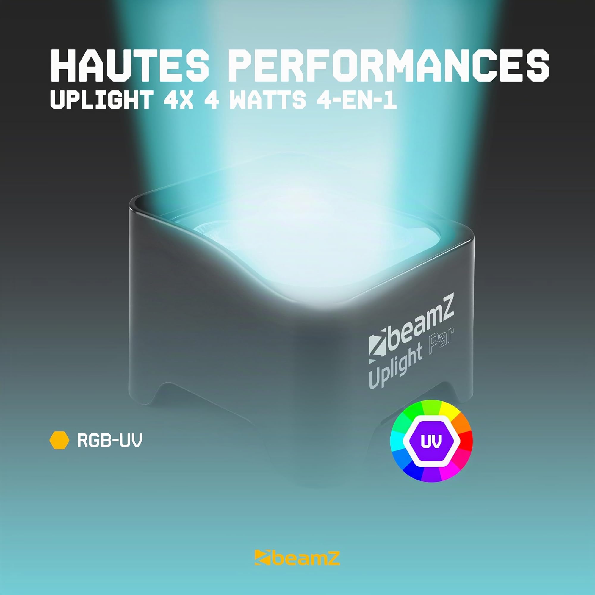 BeamZ BBP90-4x Projecteurs d’Ambiance sur Batterie - Noir, 4 x 4 Watts RGB-UV, Autonomie 20H, Câble DMX Inclus, Modes Automatiques, Idéal pour les Mariages, Architectures...