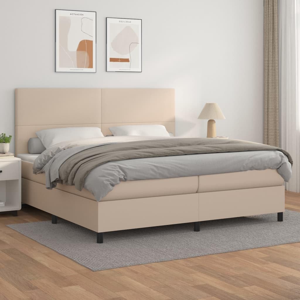 Łóżko kontynentalne cappuccino brązowe, 200 x 200 cm, sztuczna skóra, zagłówek z regulacją wysokości, materac ze sprężynami kieszeniowymi, średnie podparcie, trwały mebel do sypialni