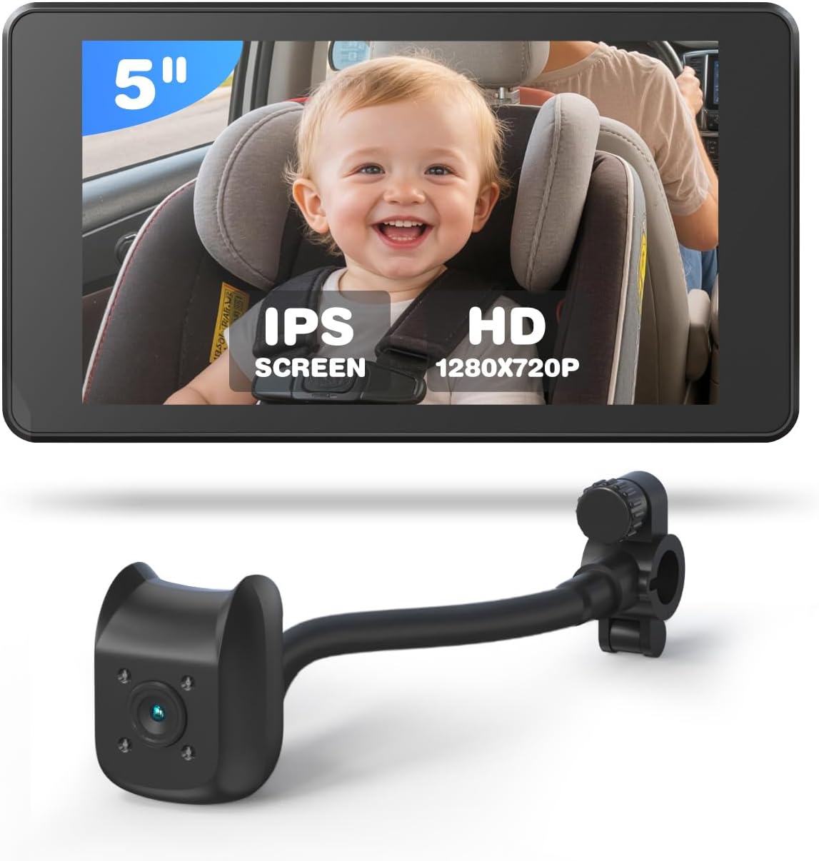 Baby Car Camera Monitor | 5" 1080P IPS Suction Cup Screen - 360° Rotation IR Night Vision 3X Zoom - USB Powered for Rear Facing