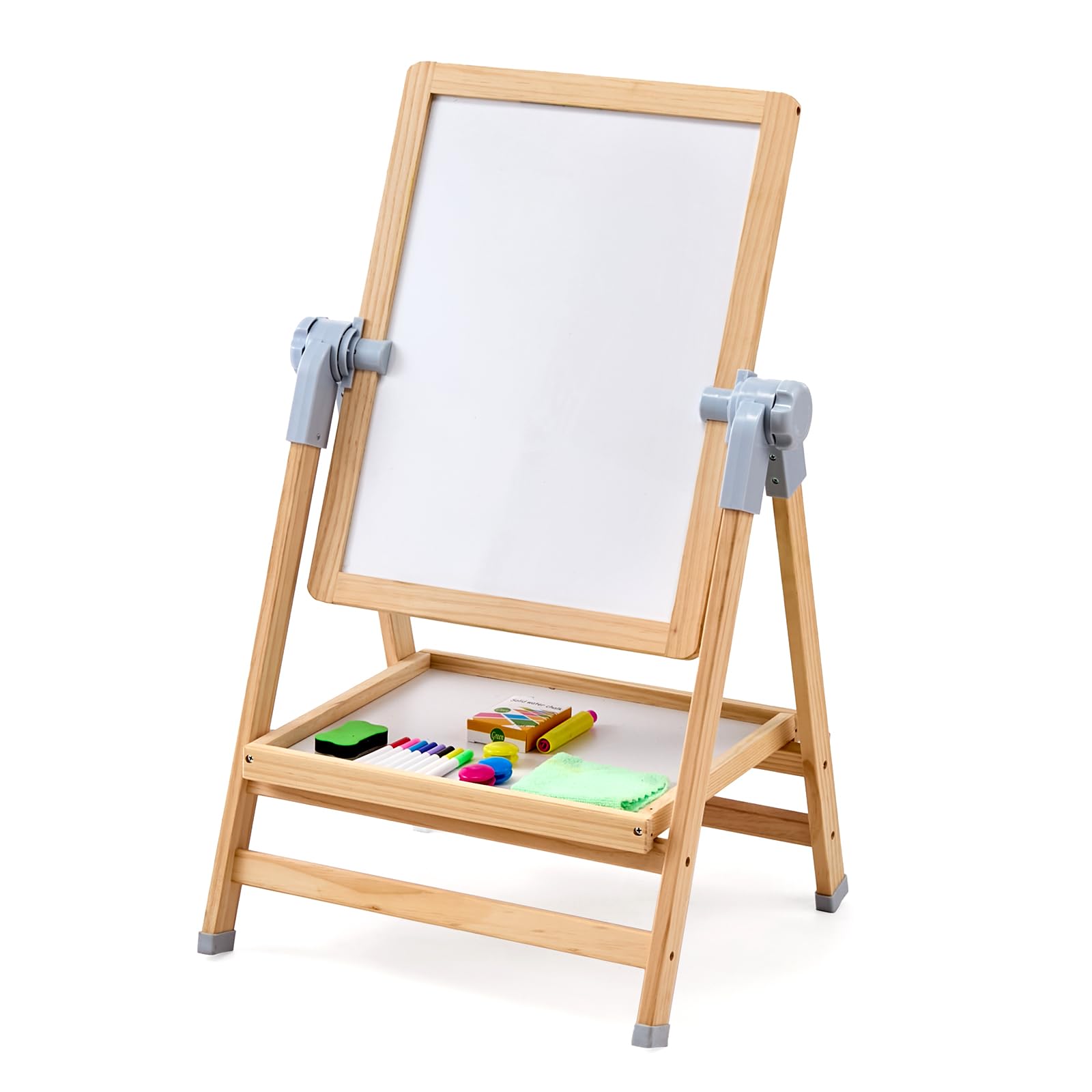 VEVOR 2 en 1 Caballete para Niños, Caballete de Madera de Doble Cara con Pizarra Magnética y Pizarrón, Tablero de Dibujo Plegable Giratorio de Pie Ajustable con Accesorios de Pntura para Niños