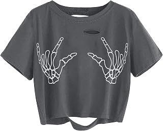 Women Skull Finger Graphic Distressed Tee Shirt Ripped Short Sleeve Crop Tops