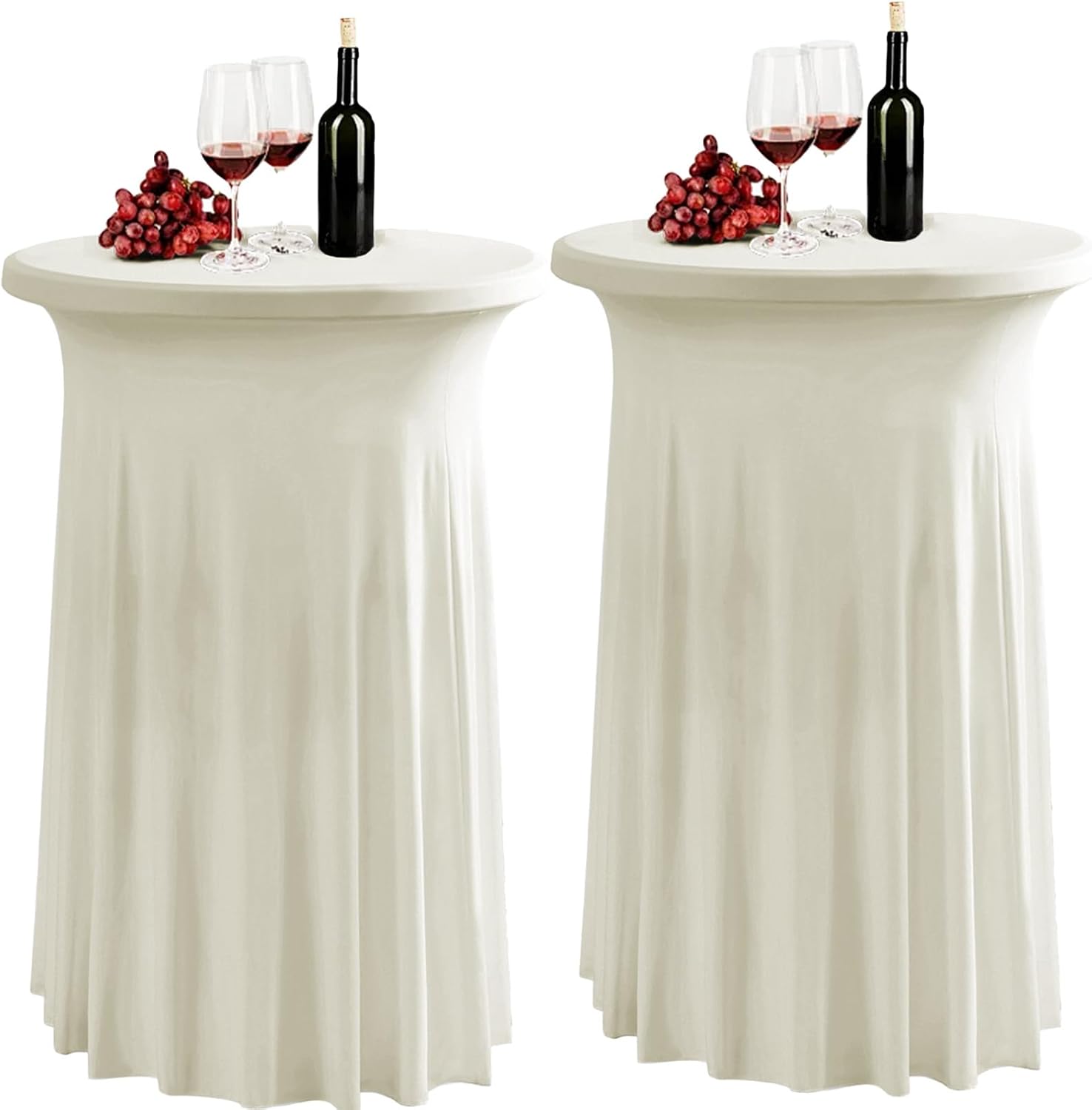 2 Pack Beige Spandex Stretch Round Table Covers with Skirt - 32x43 Inch Fitted Elastic Cocktail Tablecloth for High Top Bar, Party & Wedding Decor, Beige