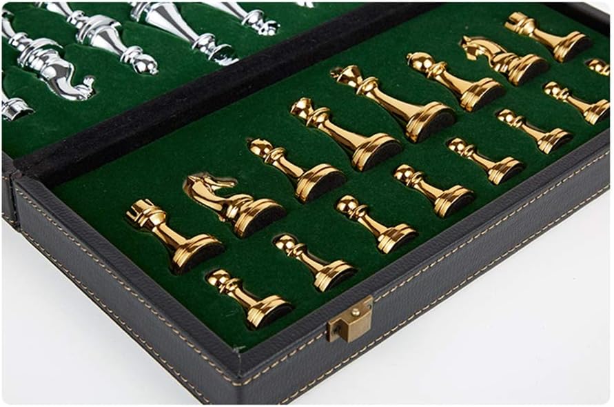 Chess Set Metal Set Wooden Travel Chess Set with Leather or Wood Chess Board and Storage Gift Decor Board Game (Color : Wood) (Leather)