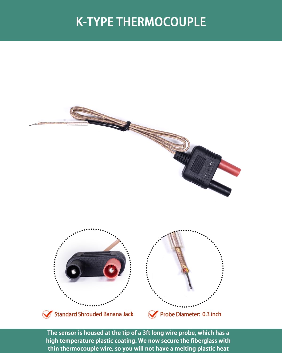 Type K Thermocouple Probe, Replacement Thermocouple Sensor Bead Probe Fit for Clamp Meters, Fluke Multimeter F17B+ F116C F87-V F28LL F189 F289 F179 F287