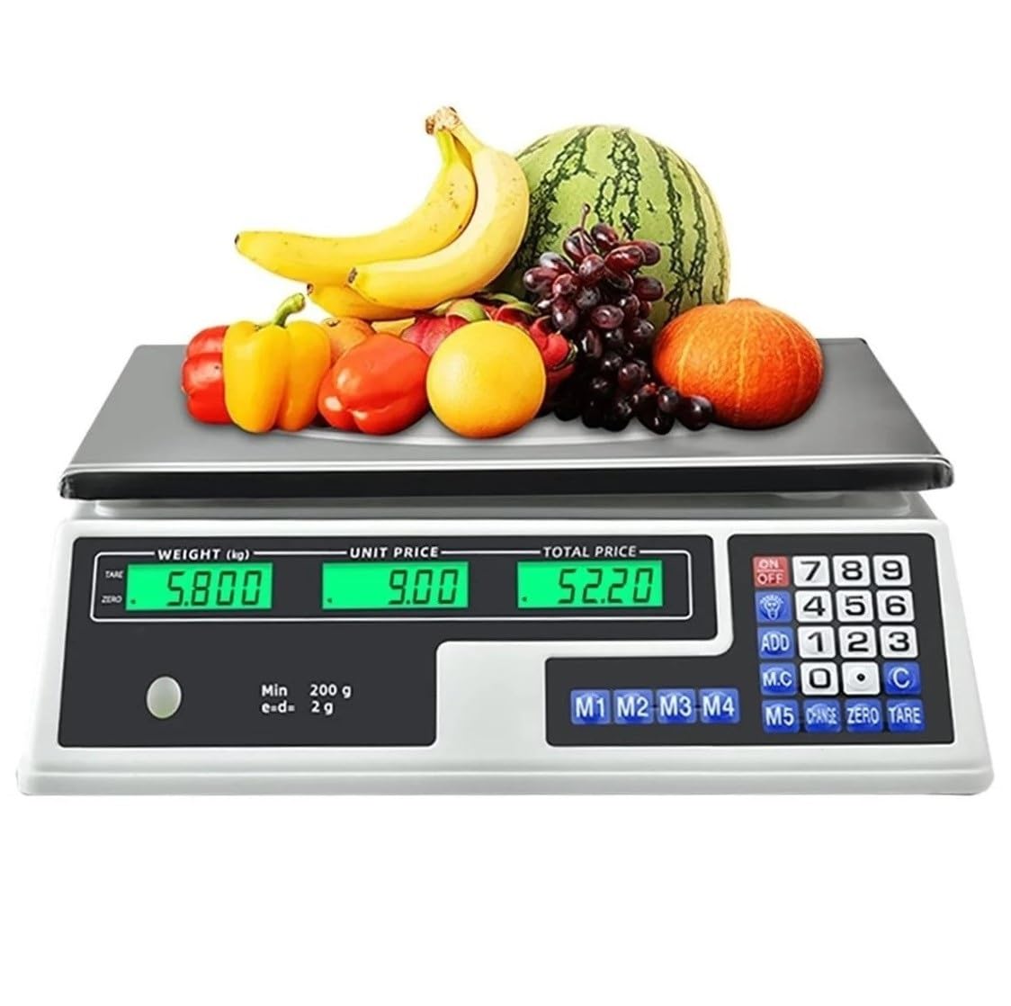 Bascula balanza Comercial para Pesar Fruta, verdura, carne. Peso 30kg Suma 2 en 1 bateria interna y corriente 220V inalambrica pantalla delantera y trasera.